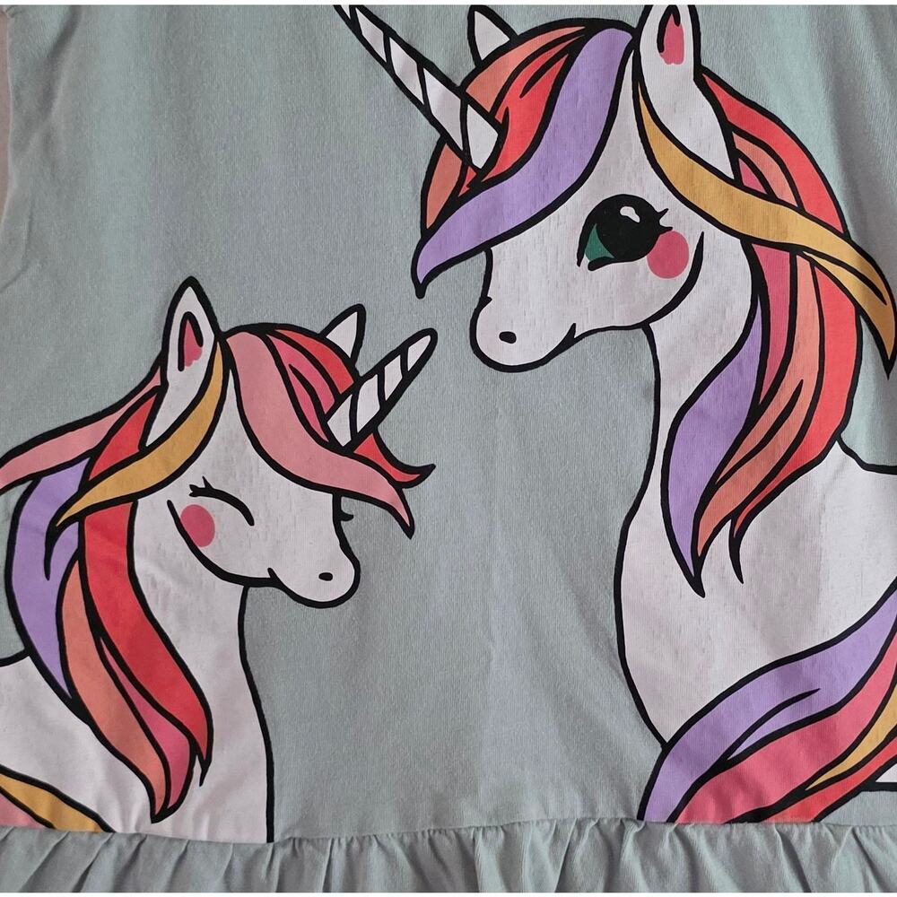 H&M Girls 6X-7 Unicorn Anime Drop Waist Green 100% Cotton Sundress - Picture 3 of 5